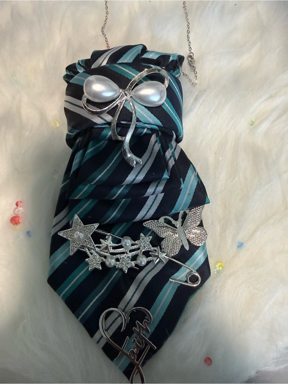 Striped Teal & Black Neck Tie Styled Bag with Silver Accents